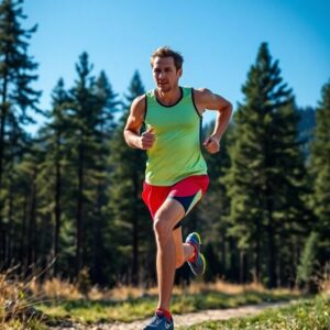 A person in a neon green tank top and red shorts is enhancing their stride while running on a dirt trail through a forest. Tall pine trees and a clear blue sky form the backdrop, embodying both serenity and the pursuit of stride improvement.