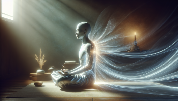 Person receiving acupuncture, surrounded by soft light and flowing energy, promoting relaxation.