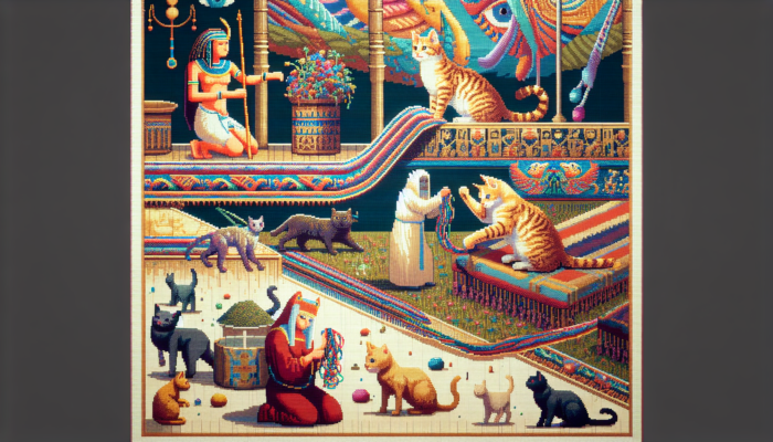 A tapestry depicting catnip's journey from ancient Egypt to modern times, featuring cats and medicinal uses.