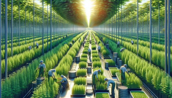 A summer catnip farm with lush plants and workers harvesting for pet products.