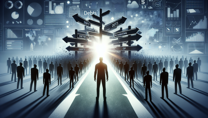 Understanding Debt Consolidation vs Restructuring: Key Differences | DCL A person at a crossroads, relieved as debts merge into one clear path for financial recovery.