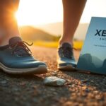 A person wearing black athletic shoes stands on a gravel path at sunset next to an upright book titled "Xero Shoes: The Beginner's Guide" featuring mountains on the cover.