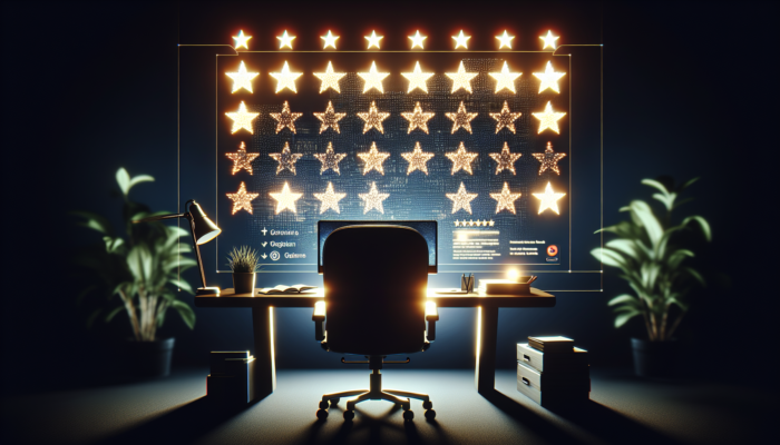A digital interface displaying star ratings and reviews, showcasing a business owner engaging with customers on a computer for improved visibility.