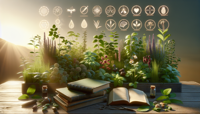 A peaceful garden featuring labeled medicinal herbs, ancient and modern herbal medicine books under sunlight.