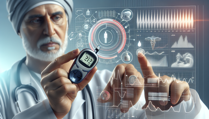 Person using glucose meter, charts showing blood sugar trends, doctor adjusting treatment plans.