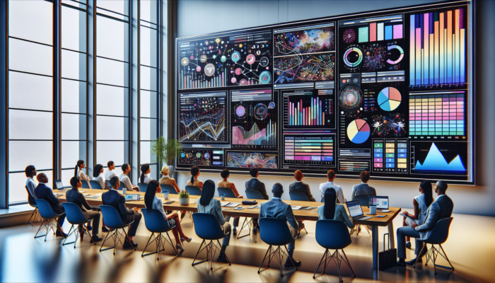 A team analyzing colorful Google Business Analytics graphs on a large screen in a modern office.