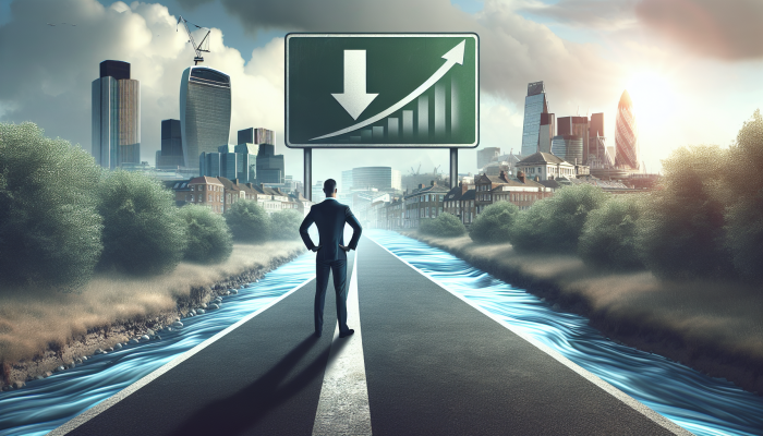 Debt Consolidation or Negotiate with Creditors: Effective Strategies | DCL Individual on a clear path with merged streams symbolizing consolidated debts, lower interest rate sign, UK economic backdrop.
