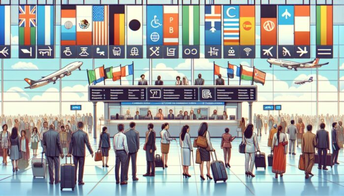Diverse travelers at an airport using a multilingual kiosk, smiling and communicating, surrounded by international flags.
