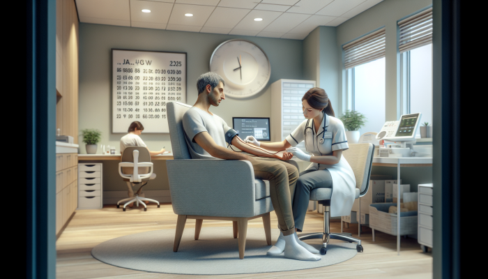 Patient in Jarrow clinic undergoing cholesterol test, nurse drawing blood from arm in calm setting.