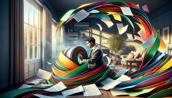 How Debt Consolidation Influences Savings Goals: An Informative Guide | DCL Individual in the UK organizing colorful debt papers into a single, clear loan document representing financial relief and stability.