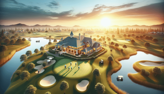 Aerial view of Graaff Reinet Golf Club's luxurious facilities at sunset, with golfers enjoying pristine greens.