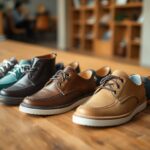 A row of five pairs of casual leather shoes, ideal for wide feet, arranged on a wooden table. Each pair varies in color, including navy blue, turquoise, and shades of brown. A blurred background reveals shelves and a person sitting in the room, showcasing these top recommendations.