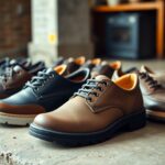 A row of men's lace-up work shoes displayed on a concrete surface, designed for wide feet, available in various shades of brown and black, some featuring contrasting soles. A blurred background suggests an indoor setting with wooden elements.
