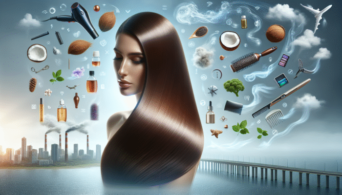 Woman showcasing repaired, shiny hair using coconut and argan oil, against environmental stressors and styling tools.