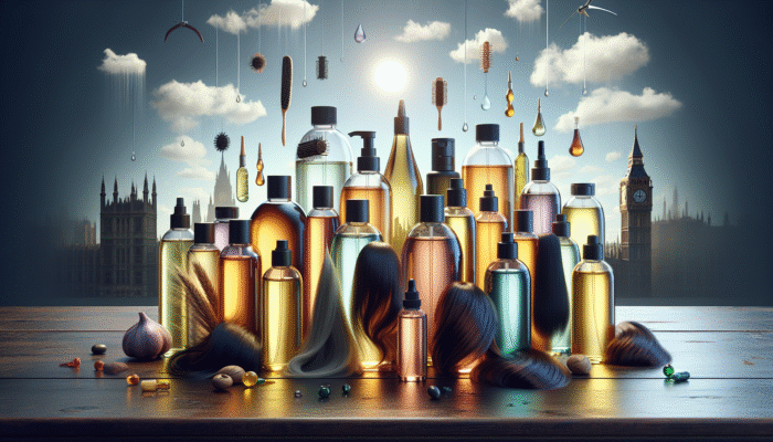 A variety of bottles of hair oils on a wooden table, labeled with benefits, various hair types, with a UK weather backdrop.