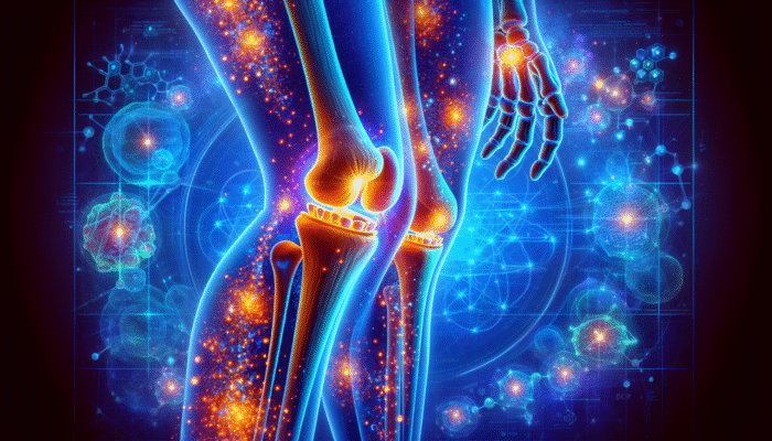 Illustration of a joint with glowing collagen peptides enhancing health and mobility, complemented by scientific diagrams.